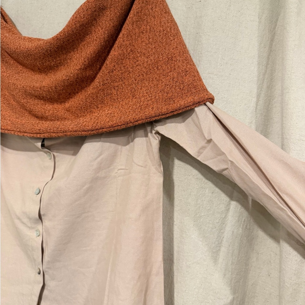 Off Shoulder Colorblock Blouse Draped Knit Top Beige Rust Long Sleeve Boho Chic - Picture 2 of 6